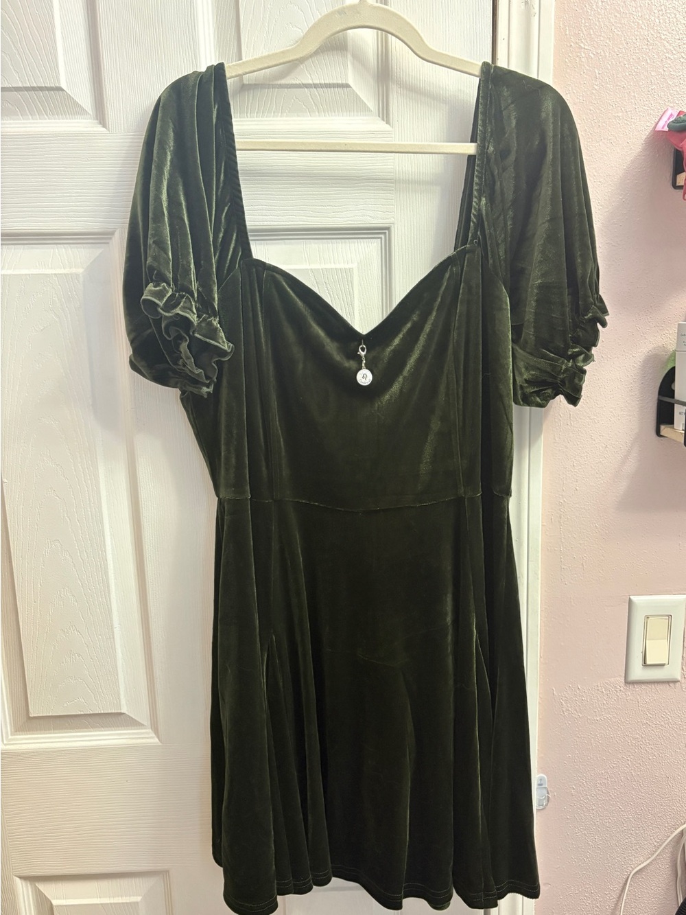 Disturbia Olive Velvet Puff Sleeve Mini Dress